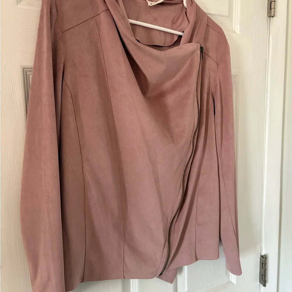 Faux Suede Moto Jacket Blush Pink Draped Collar Asymmetrical Zip Size Medium